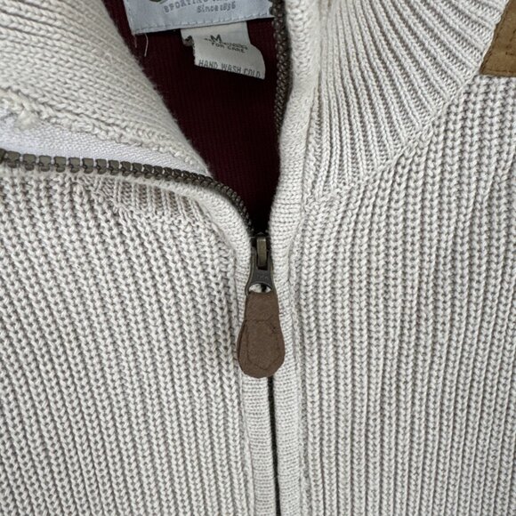 Orvis Sweater Mens Large Beige Full Zip Lined Suede Patch Knit Sweater Jacket M - Picture 2 of 8